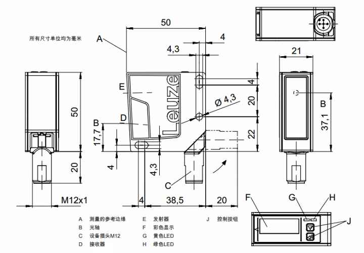 ODS9L2.8/LA6-100-M12 傳感器的尺寸圖